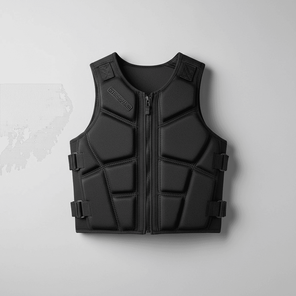 Black impact vest for water sports on neutral background