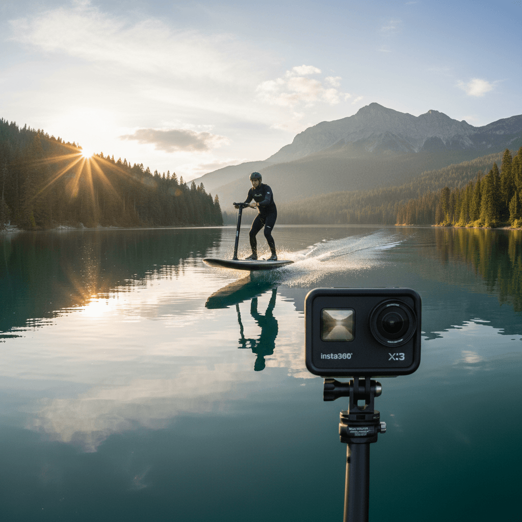 Insta360 camera mounted on e-foil board capturing 360 degree video of lake session