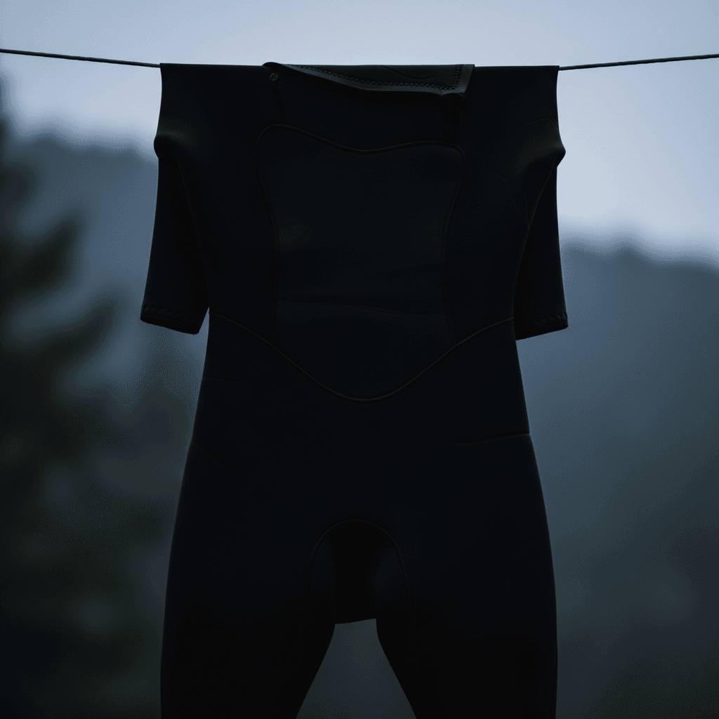 Black neoprene wetsuit hanging on white background